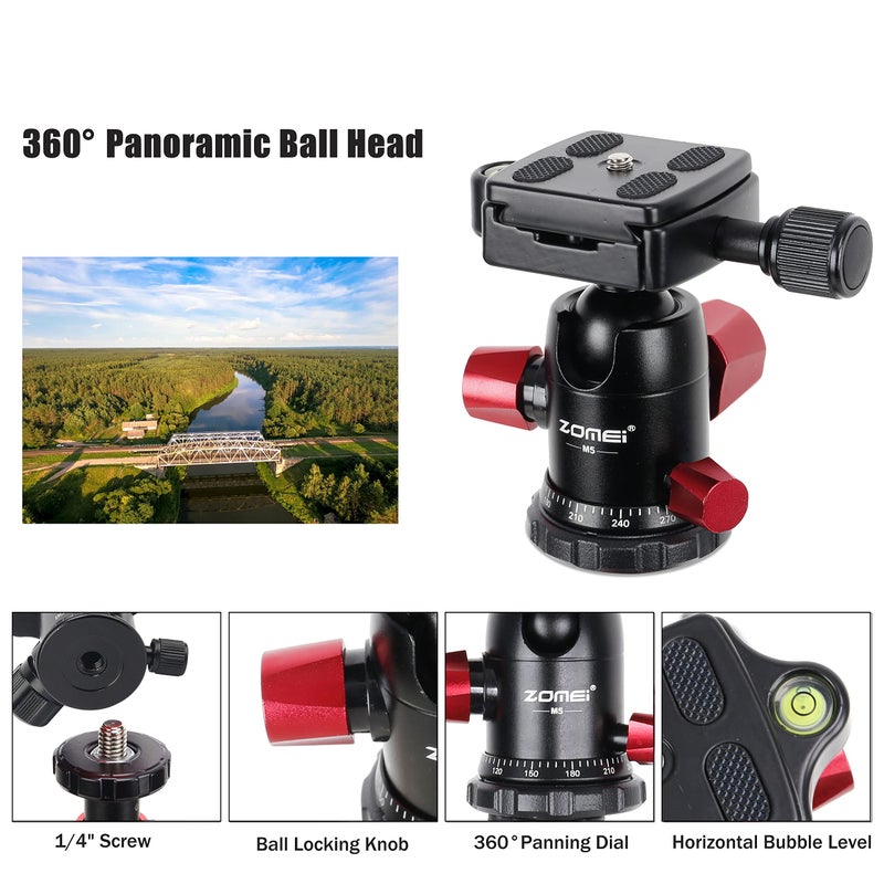 ZOMEI M5 Camera Tripod,Lightweight Travel Aluminum Tripod Monopod Compact Portable Photography Tripod Stand with 360 Degree Ball Head and Phone Clip for DSLR Cameras, Smartphone - Image 4